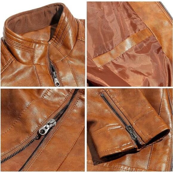 Tan Faux Leather Motorcycle Jacket Textured Stand Collar Bomber‎ Coat Outerwear - Picture 5 of 6